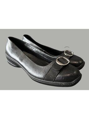 Hotter Grace Black Leather Buckle Flats Size 8 Womens Casual Shoes